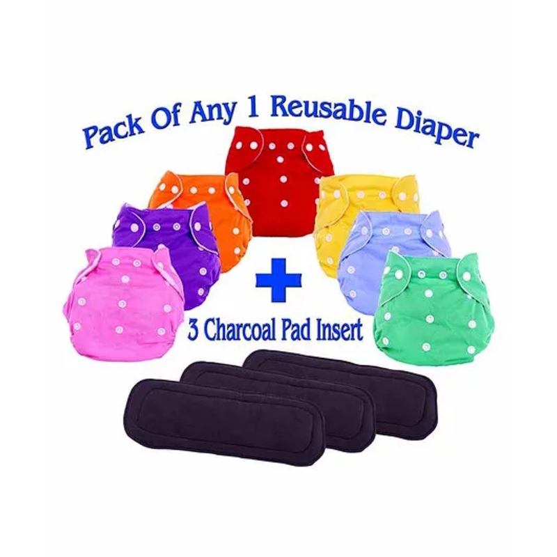The Little Lookers Adjustable Cotton Diaper With 3 Charcoal Pad Insert ( Colour May Vary)