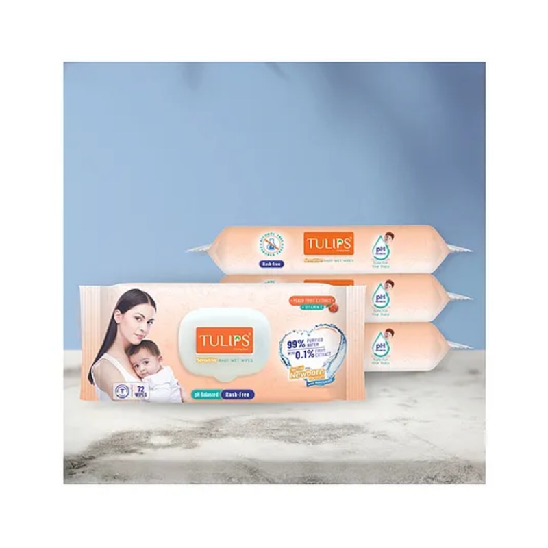 TULIPS Sensitive Baby Wet Wipes With LID Peach Fruit Extract & Vitamin E Pack of 4 – 72 Pieces Each