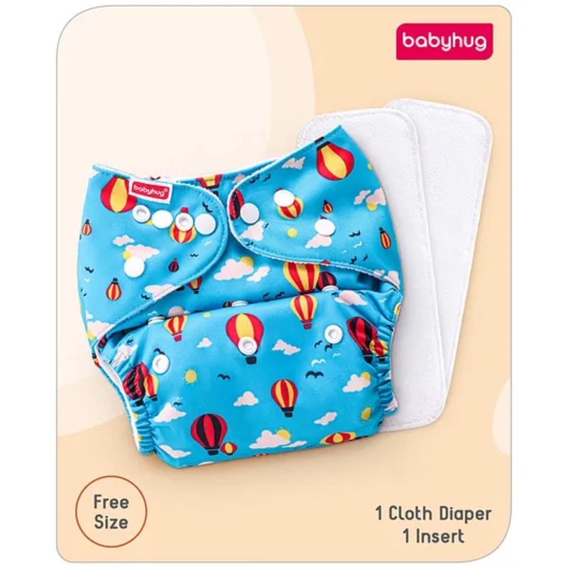 Babyhug Free Size Reusable Cloth Diaper with 2 Smart Dry Inserts Combo Hot Air Balloon Print- Sky Blue