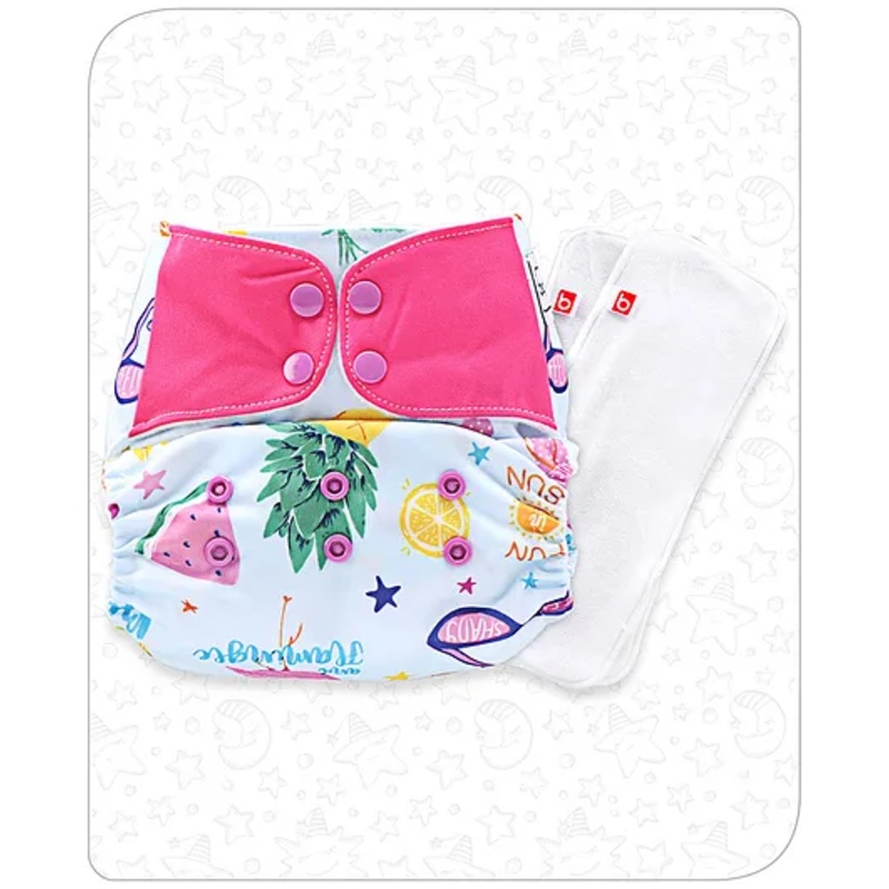 Babyhug Free Size Reusable Contrast Flap Closure Cloth Nappies with 2 SmartDry Inserts Fruits Print – Blue