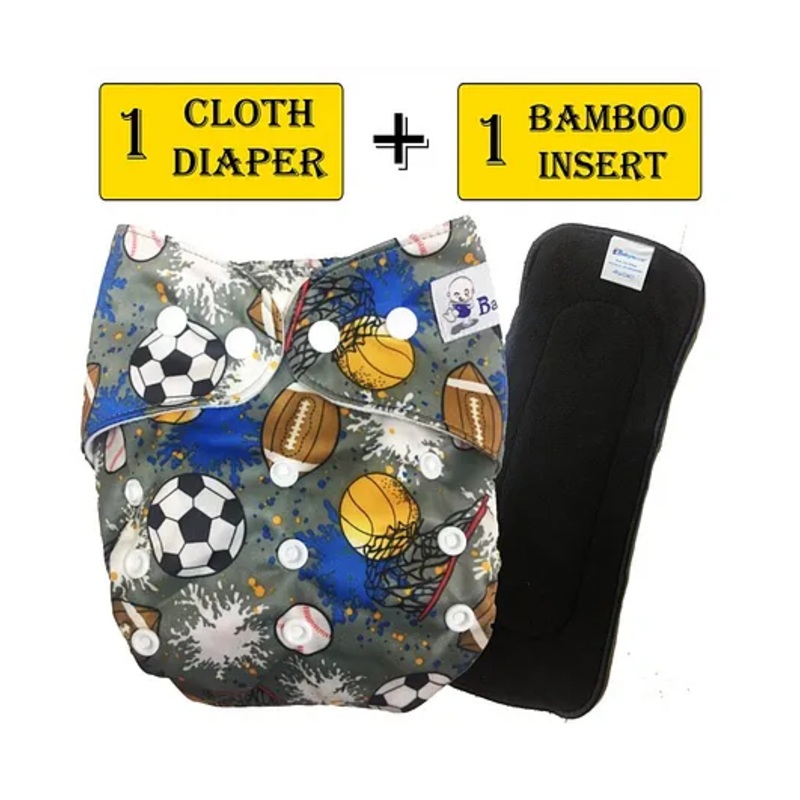 Babymoon Reusable Cloth Diaper with Diaper Inserts Football Print – Grey