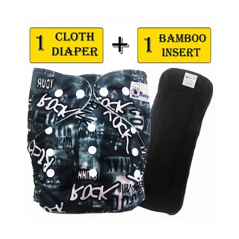 Babymoon Reusable Cloth Diaper With Insert Rockstar Print – Black