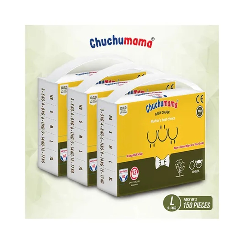 Chuchumama Taped Style baby Diaper, Large (L) Size, 9 – 14 kg, Combo Pack of 3, 50 count Per Pack, 150 count, 12 hrs Absorption and Cottony Soft Material