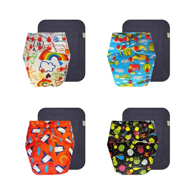 Dumbledo Premium Cloth Diaper with Leak-Proof, Absorbent 6-layer Black Insert – Dryfeel with Comfortable Fit for 3 Months to 3 Years, Pack of 4