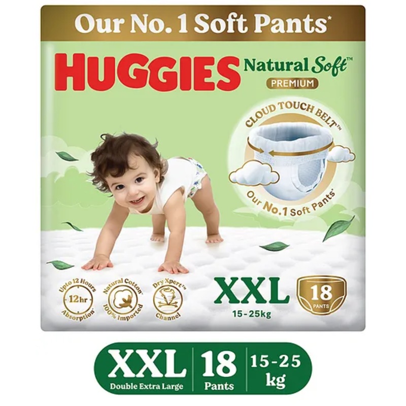 Huggies Natural Soft Premium Baby Diaper Pants, Double Extra Large (XXL) Size (15-25 Kgs), Pack of 18 | Cloud Softness All over