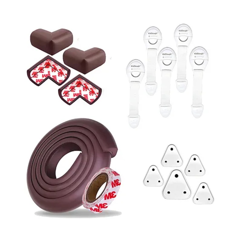 KidDough Baby Proofing Safety Kit 2 mtr Safety Strip 4 Pre-Taped Corner Guards for Sharp Edges 5 Electric Socket Guards 5 Safety Locks for Cabinets Almirahs Drawer – Brown