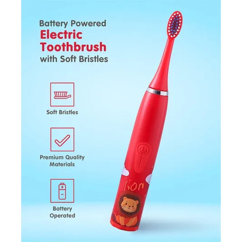 Lion Print Battery Powered Electric Toothbrush with Soft Bristles – Red