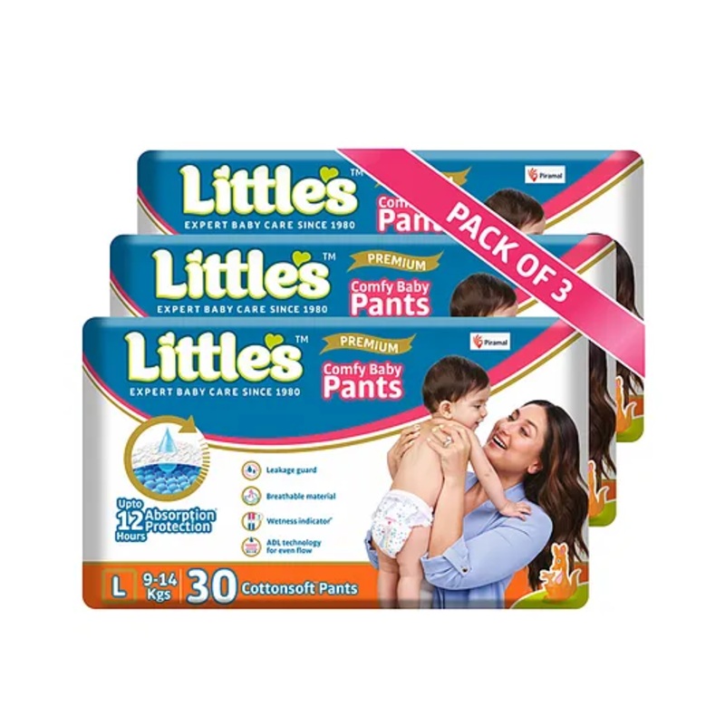 Little’s Baby Diapers L Size (Large) Pants Style | 9-14 kg | 90 Count – Pack of 3 | CottonSoft Baby Diaper with Leakage Guard, Wetness Indicator & 12 Hours Absorption