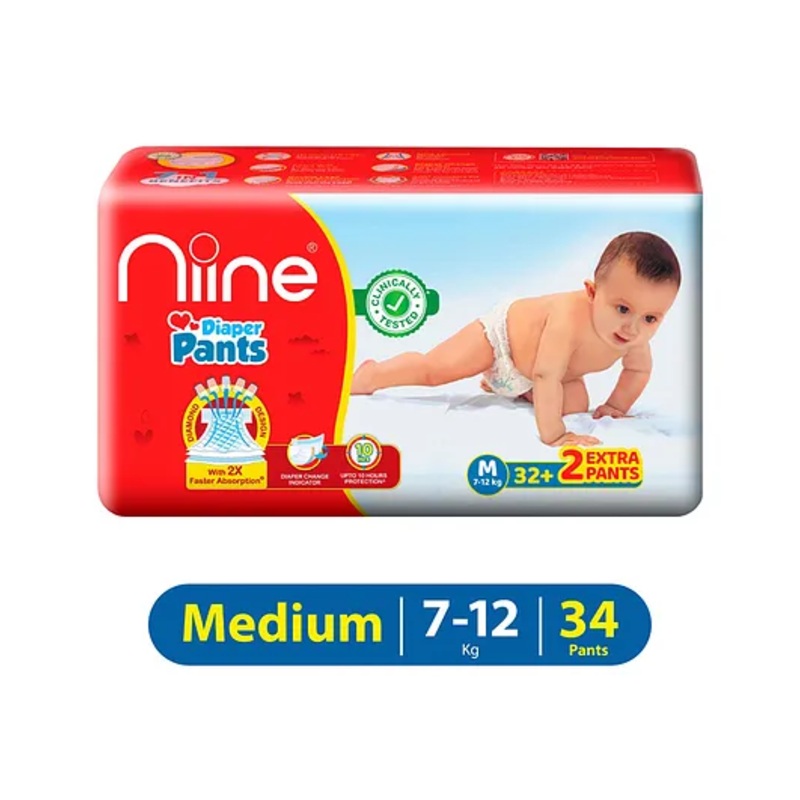 Niine Baby Diaper Pants Medium Size  for Overnight Protection with Rash Control – 34 Pants