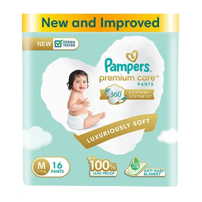 Pampers Premium Care Pants, Medium size baby diapers (M), 16 Count, Softest ever Pampers pants