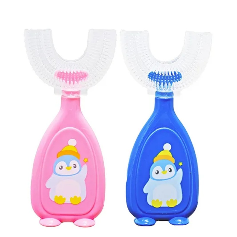 THE LITTLE LOOKERS 360 U-Shaped Toothbrush with Food Grade Silicone Head | Soft Bristles & Easy Grip Ideal for Babies & Kids (Pack of 1, Pink & Blue)