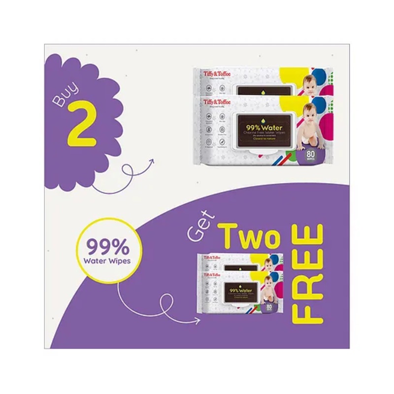 Tiffy & Toffee Premium Baby Skincare Wet Wipes With Aloe Vera  Super Saver Pack – 80 Pieces Each ( Buy 2 Get 2 Free )
