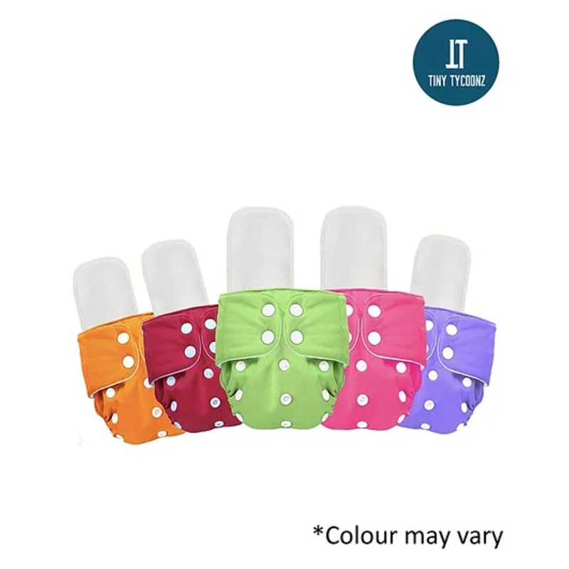 Tiny Tycoonz Pack of 5 Reusable and Washable Diapers with 5 Microfiber extra absorvent seven layers Inserts – Multicolor