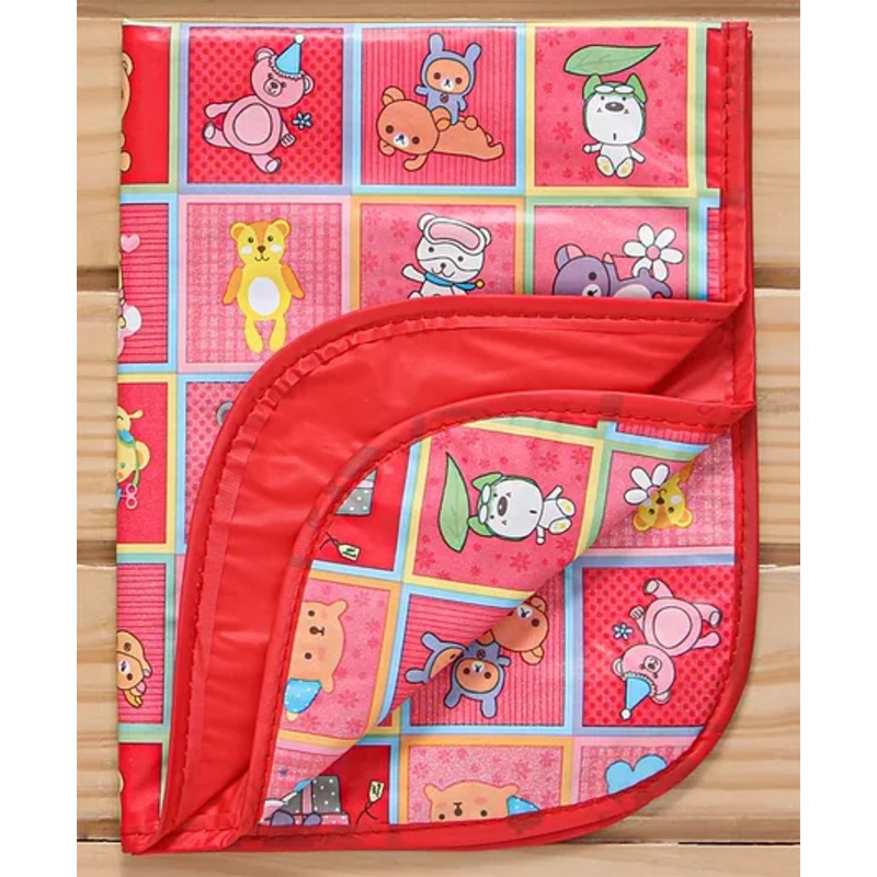 Baby Diaper Changing Waterproof Mat Teddy Bear Print With PVC Material -Dark Red