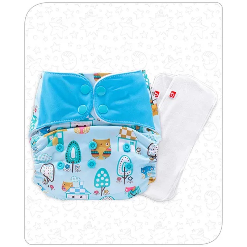 Babyhug  Free Size Reusable Contrast Flap Closure Cloth Nappies With 2 Smart Dry Inserts Multi print- Blue