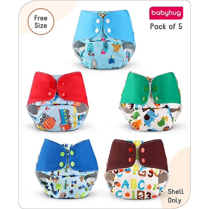 Babyhug Reusable Cloth Diaper with Contrast Flap and without Insert (Shell Only) Pack of 5 Free Size (Color May Vary)