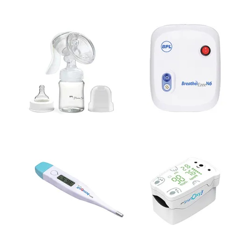 BPL Medical Technologies Kids Health Combo – MamaBee BPA free Breast Pump 150ml + N6 Low Noise Nebulizer + Smart Oxy Jr Oximeter + Accu Digit DT-04 Thermometer