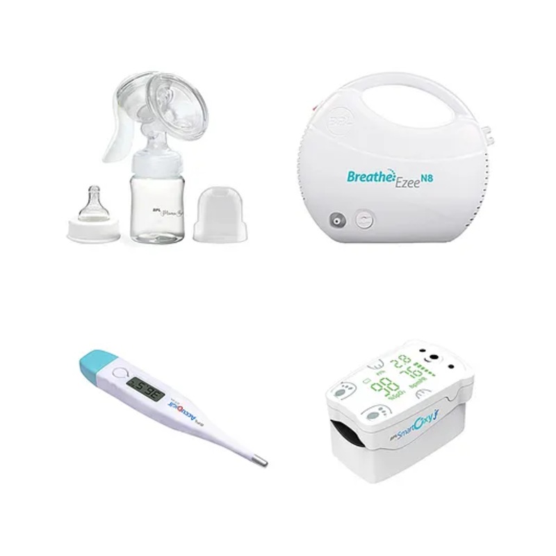 BPL Medical Technologies Kids Health Combo – MamaBee BPA free Breast Pump 150ml + N8 Low Noise Nebulizer+ Smart Oxy Jr Oximeter + Accu Digit DT-04 Thermometer