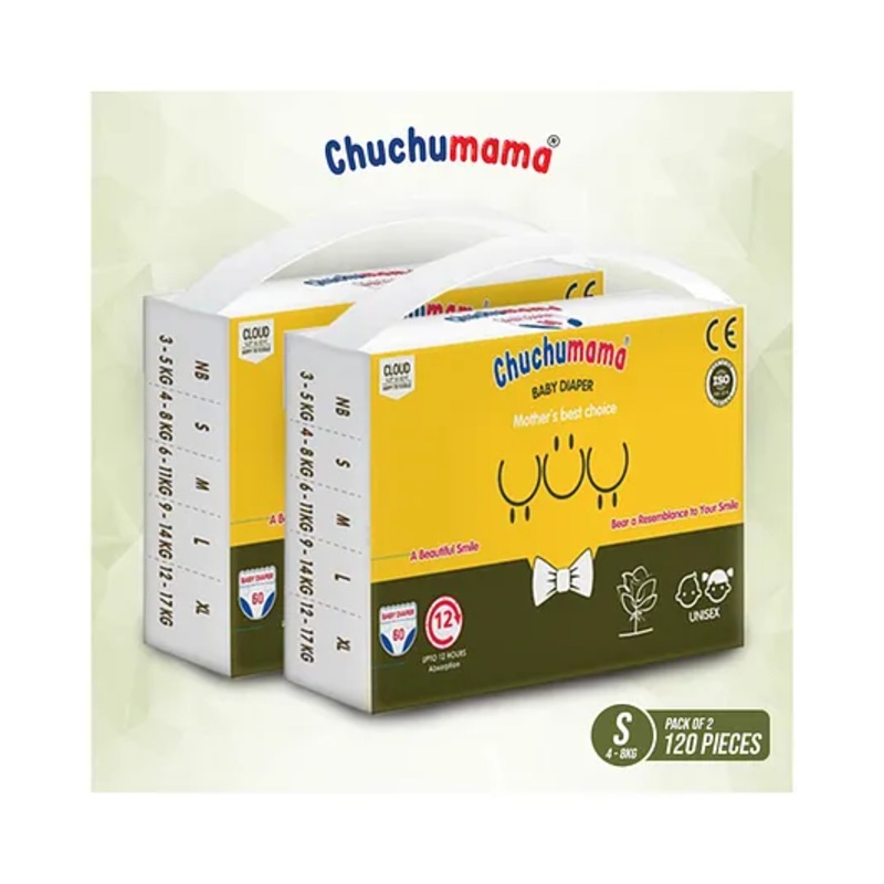 Chuchumama Taped Style Baby Diaper Small (S) Size, 3 – 6 kg, Combo Pack of 2, 60 count Per Pack, 120 count, 12 hrs Absorption and Cottony Soft Material