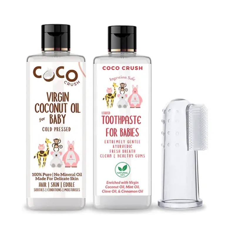 Coco Crush Combo of Virgin Coconut Oil for Babies, 200ml and Ayurvedic Kids Liquid Toothpaste, 200ml & Toothbrush, 1pc