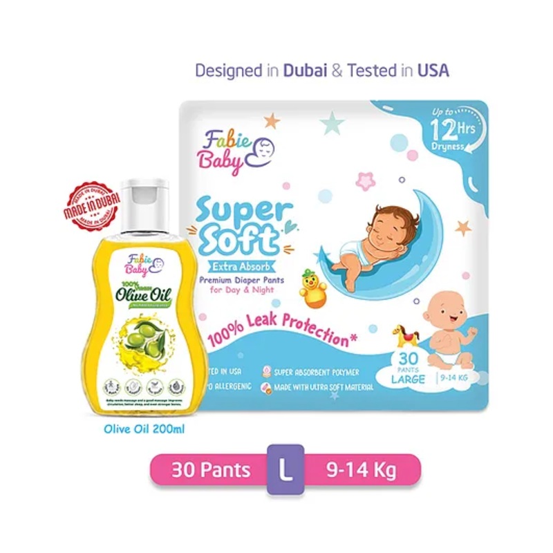 Fabie Baby Premium 12 Hrs Protection Diaper Pants Large (30Pcs) & Olive Oil (200ml) Combo – Pack of 2