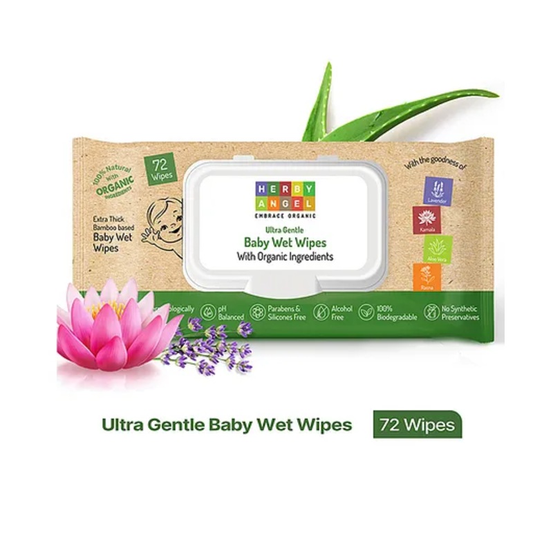 Herby Angel Ultra Gentle Baby Wet Wipes – Extra Thick Bamboo & Aloe Vera Based, Alcohol-Free Wipes with Lid (72 Wipes) (Pack of 1)