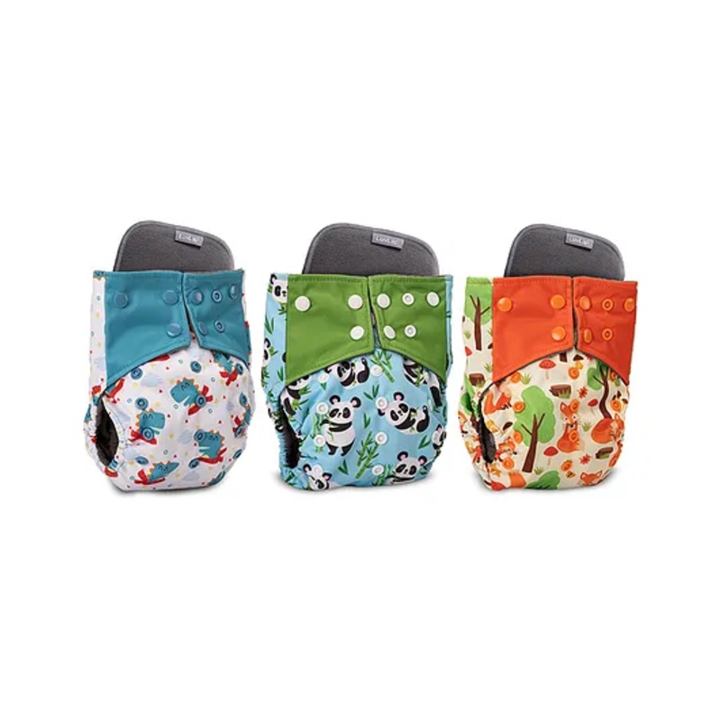 LuvLap Reusable Baby Cloth Diapers Combo Pack of 3, Includes Orange & Green, Blue Panda, White & Blue Prints, Double Leak Guard, High Absorption, Stain-Proof Comfort, For 3+ Months