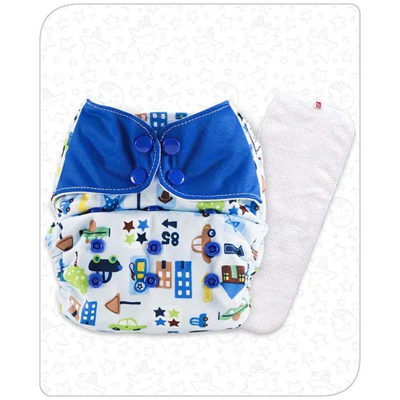 Babyhug Free Size Reusable Contrast Flap Closure Cloth Nappies With Insert Vehicle Print – Blue