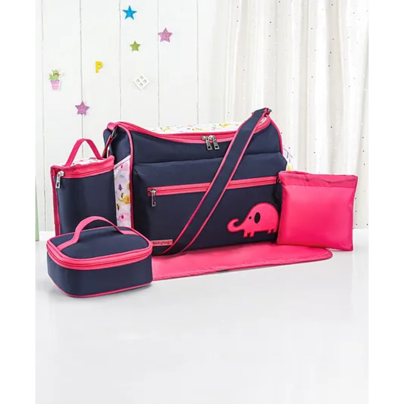 Babyhug Mother Bag with Accessories Combo With Elephant Print Set of 5 – Navy & Pink
