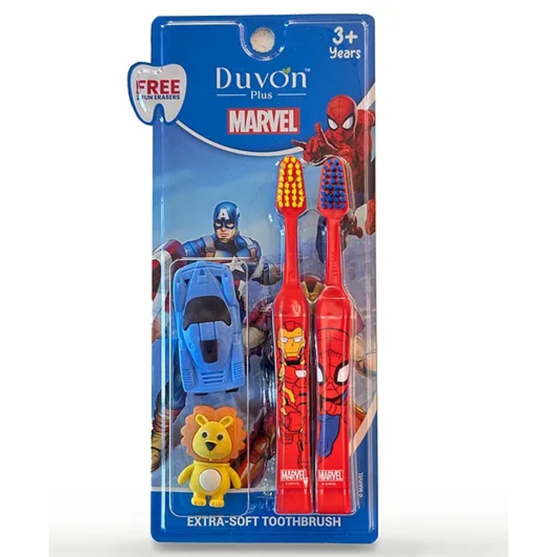 Duvon Plus Marvel Toothbrush Set | Spiderman and Iron Man | 2 Brushes + 2 Fun Erasers Free