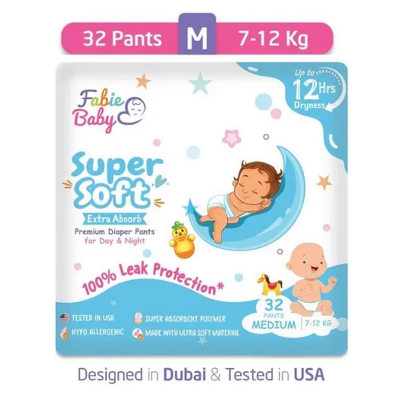 Fabie Baby Premium Leak Proof Diapers Medium Size 12 Hours Absorption Anti Rash diapers & Tested In USA (32Pcs)