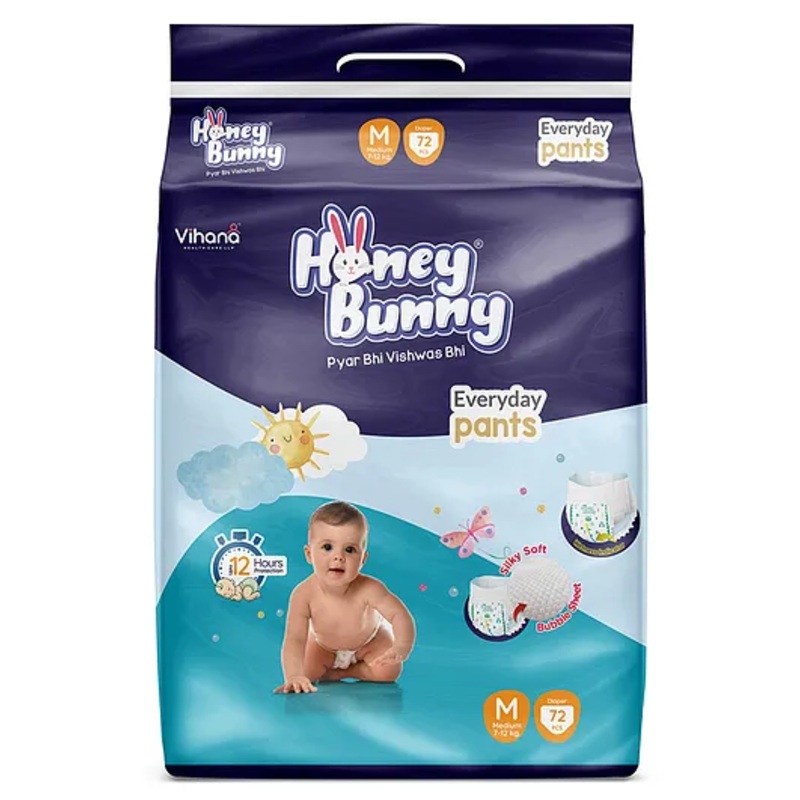 Honey Bunny Everyday Baby Pants Diapers with Silky Soft – Bubble sheet,Wetness Indicator, Medium – (M, 72)