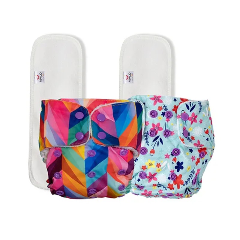 Mylo Baby Freesize Adjustable Cloth Diapers with 2 Free Insert Oeko Tex Certified Pack of 2 – Floral Spring  Rainbow Multicolour