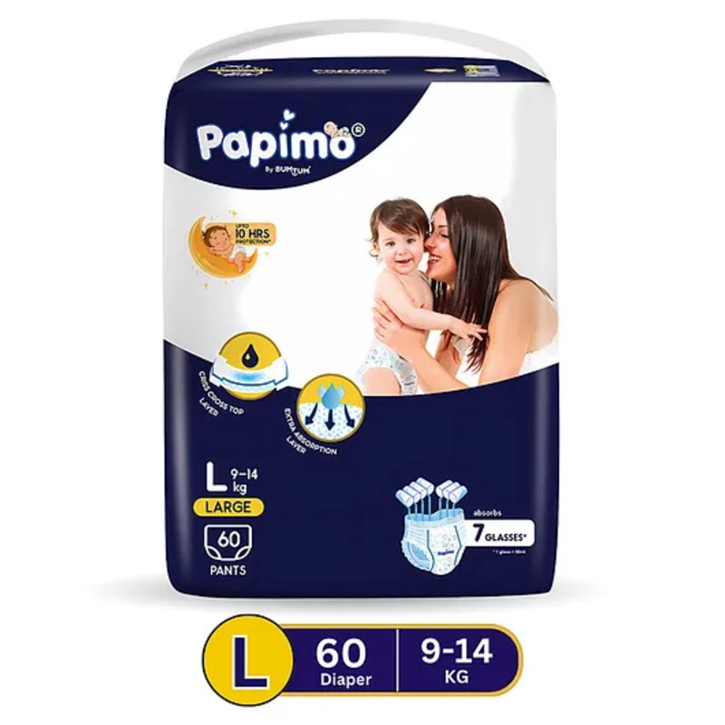 Papimo Baby Diaper Pants  | 12 Hours Absorption with Criss-Cross Technology | Cottony Soft & Breathable | Aloe Vera Infused | Wetness Indicator | Large (9-14 KG) | Pack of 1 (60 Diapers)
