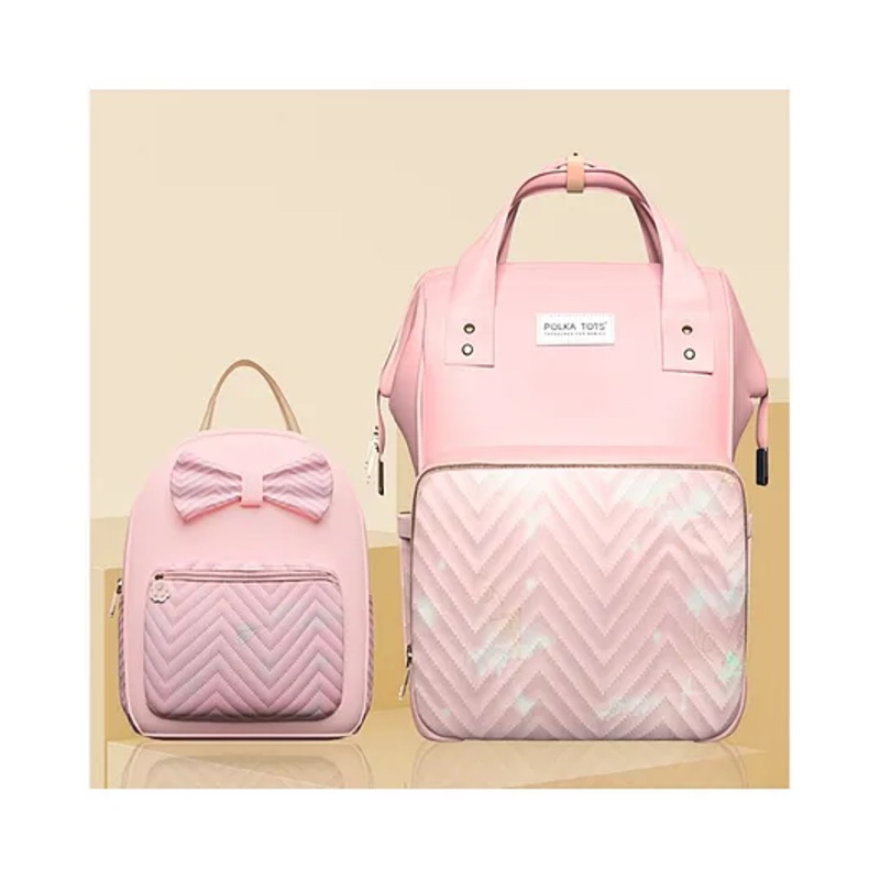 Polka Tots MamaMini Multifuntional Luxe Duo Diaper Bag For Parent & Kid Backpack With a Tote Bag Packaging – Peach