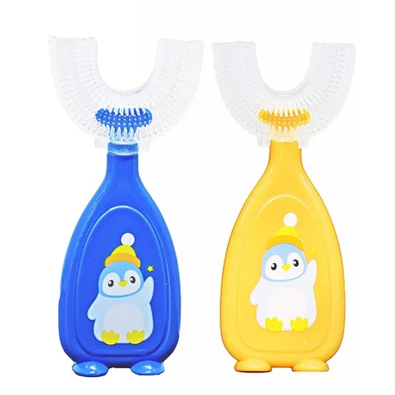 THE LITTLE LOOKERS 360 U-Shaped Toothbrush with Food Grade Silicone Head | Soft Bristles & Easy Grip Ideal for Babies & Kids (Pack of 1, Yellow & Blue)