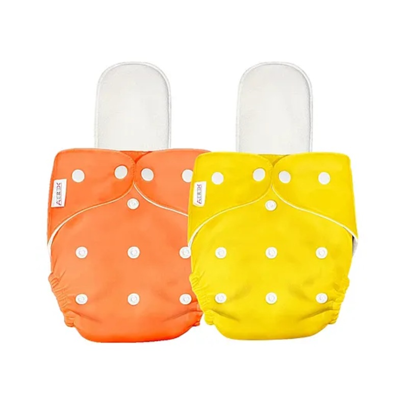 AEREX Reusable Baby 2 Cloth Diapers For 6 Months to 3 Years With 2 Insert Pads Leak Proof Washable Diapers For New Born Babies Adjustable Pocket Cloth Diaper Nappies (Orange & Yellow)