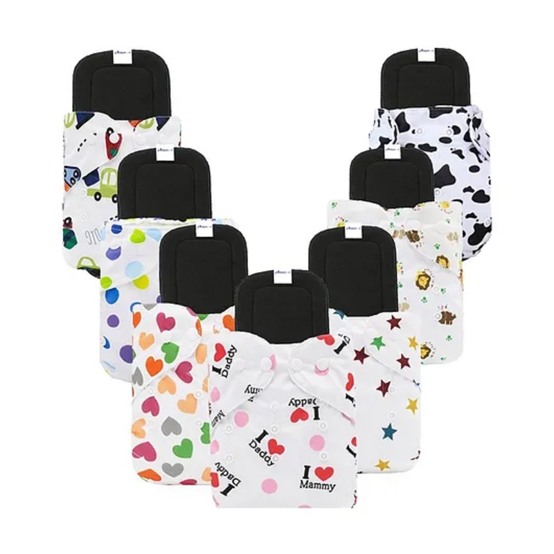 Babymoon Washable & Reusable Cloth Diaper Pocket With Grey Insert Pack of 7 – White Multicolor