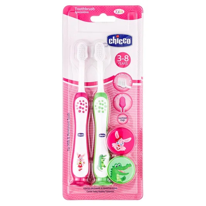 Chicco Ultra Soft Bristles Toothbrush Croc & Bunny Print Pack of 2 – Green & Pink
