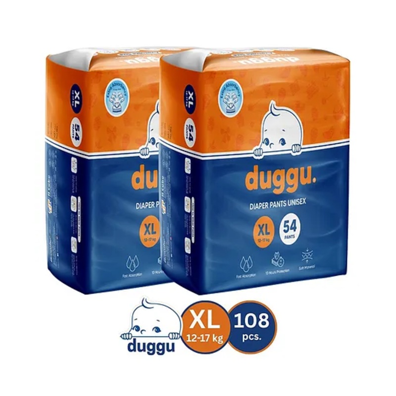 Duggu Baby Diaper Pants | Feather-Like Cotton Feel | Up to 10-Hour Absorption | Soft Elastic Waistband | Highly Absorbent | Extra Large | 12-17 KG | Pack of 2 – 108 Diapers