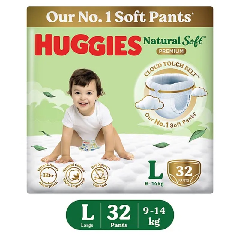 Huggies Natural Soft Premium Baby Diaper Pants Large – 32 Pieces