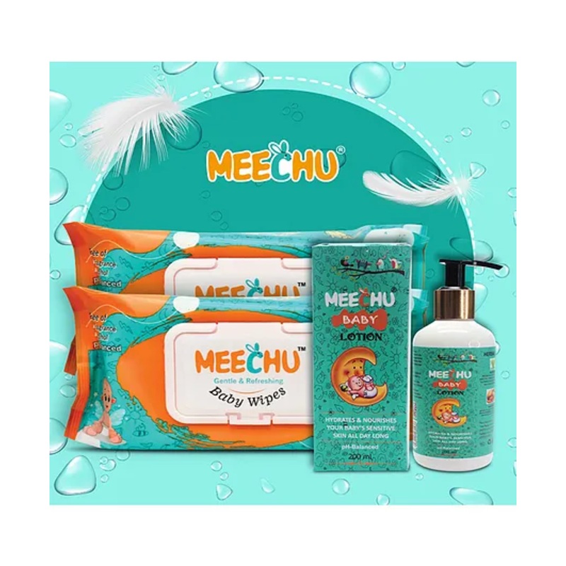 Meechu Baby Wipes Combo Pack of 2 72 Pieces Each With One Baby Lotion – 200 ml
