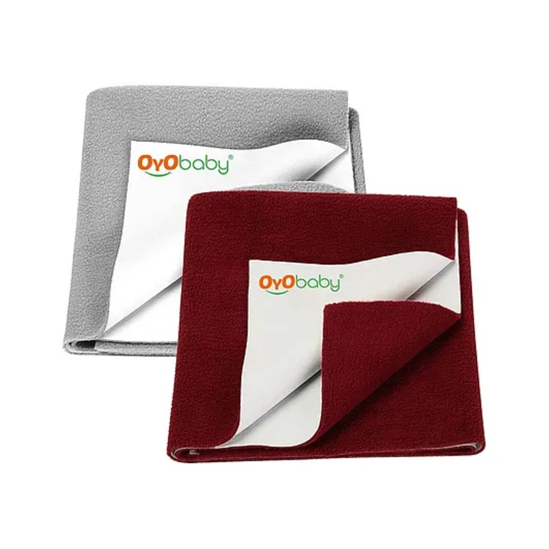 OYO BABY Anti-Piling Fleece Extra Absorbent Instant Dry Sheet for Baby, Baby Bed Protector, Waterproof Sheet, Small (70 X 50 CM), (Grey + Maroon)