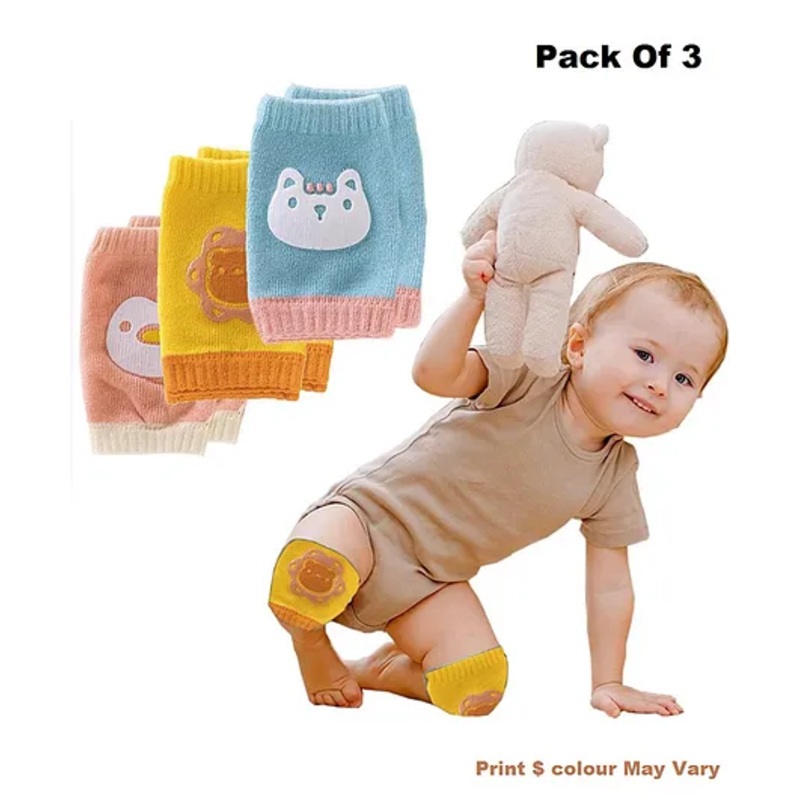 Baby Miniature Baby Kneepad Breathable Animal Face Baby Knee Pads for Crawling Baby Knee Protector -Pack of 3-Multi Color