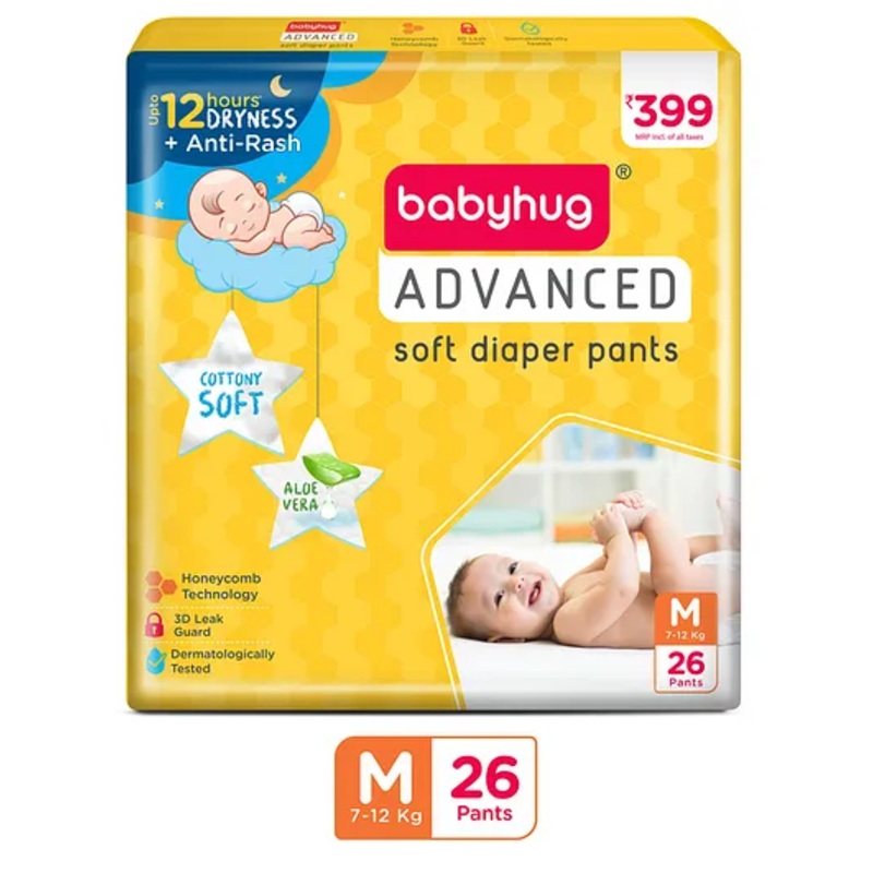 Babyhug Advanced Pant Style Diaper Medium (M) Size – 26 Pieces, Honeycomb Technology, Cottony Soft Diaper with 3D Leak Guard, Latex & Alcohol Free, Anti-rash & Gentle