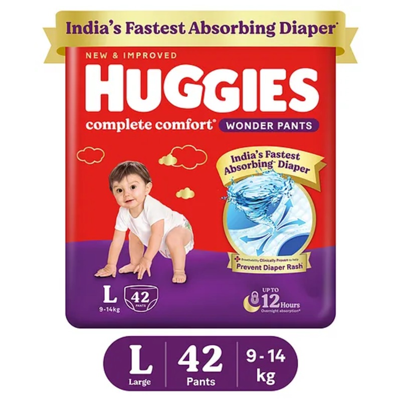 Huggies Complete Comfort Wonder Pants, India’s Fastest Absorbing Diaper | L Size, 42 Diapers