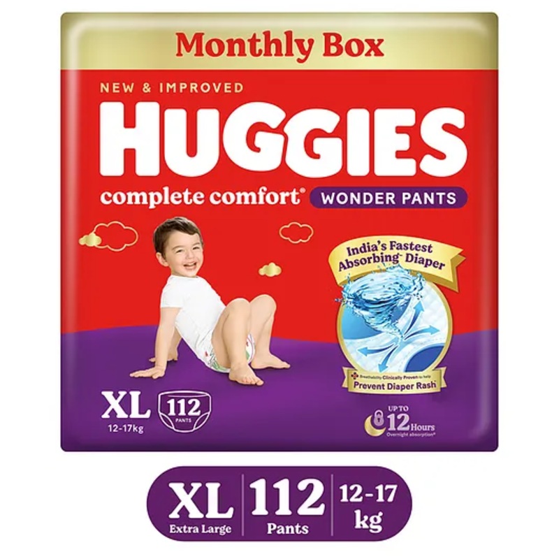 Huggies Complete Comfort Wonder Pants, India’s Fastest Absorbing Diaper | XL Size, 112 Diapers