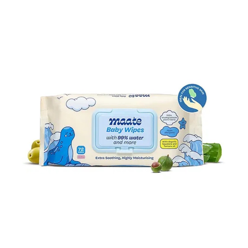 MAATE Baby Wipes (Pack of 1, 72 Wipes) | Soothing & Hypoallergenic | Infused With  Plant Squalane, Tamanu Oil & Aloe Vera | Moisturizing & Hydrating  | Wipe for Baby’s | Paraben & Sulphate Free