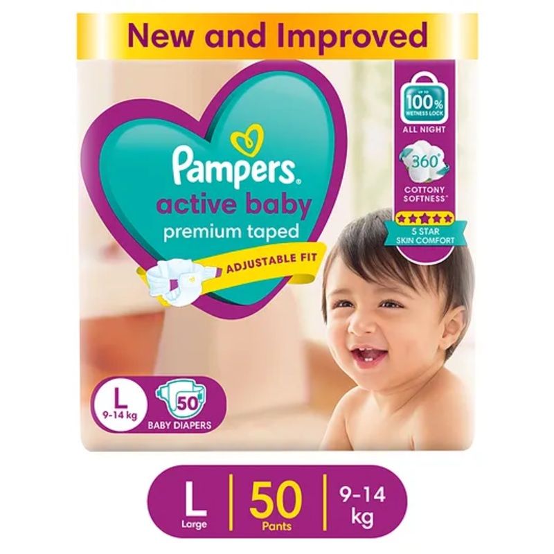 Pampers Active Baby Taped Diapers, Large size diapers, (L) 50 count, taped style custom fit