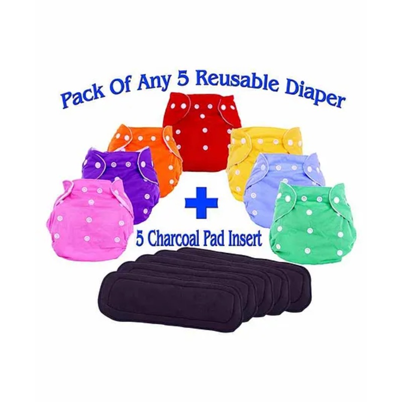 The Little Lookers Adjustable Cotton Diaper With Charcoal Pad Insert Pack Of 5 ( Colour May Vary)